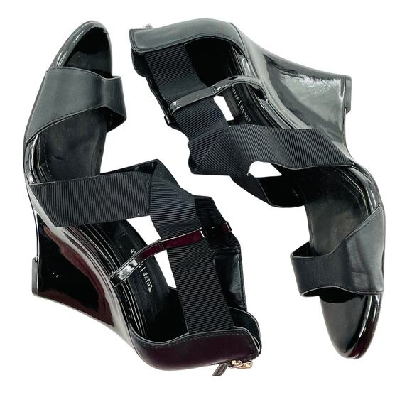 WHBM Black Leather Strappy Career Chic Zip Back Elastic Ankle Wedge Heel 9.5 - Picture 6 of 10